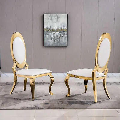 2 Set Faux Leather Kitchen Dining Chairs Oval Backrest Gold Stainless Steel Legs • $499.99