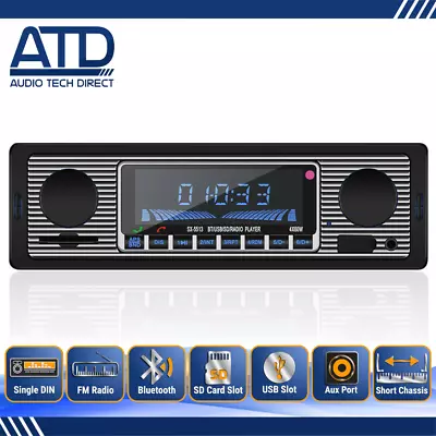 Classic Retro Single DIN Bluetooth USB AUX Car Radio Look Brushed Metal Mechless • £25.99