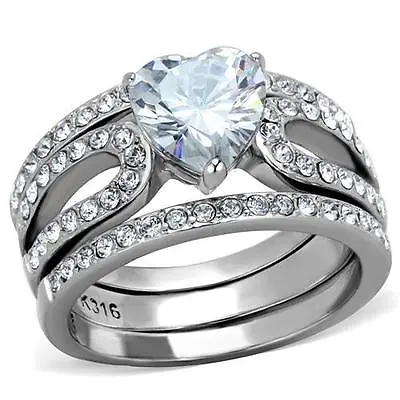 3 Piece Stainless Steel Heart Cut CZ Wedding Engagement Ring & Band Set • $19.16