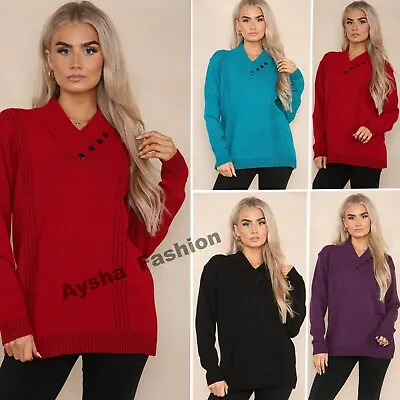 New Ladies Womens V Neck Cable Neck Knitted Long Sleeve 4 Button Sweater Jumper • £14.98