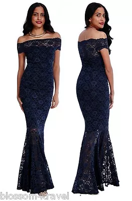 Goddiva Navy Lace Bardot Maxi Evening Fishtail Mermaid Formal Party Dress Prom • £49.99