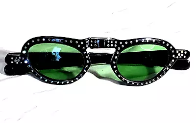 Vintage Folding Cat Eye Sunglasses Green Lens 50s Rhinestone Rockabilly Fold Up • $99.99