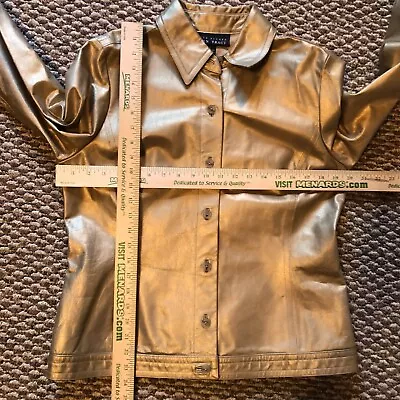 Linda Allard Ellen Tracy 100% Leather Metallic Gold Button Up Jacket Women's 12 • $69.99