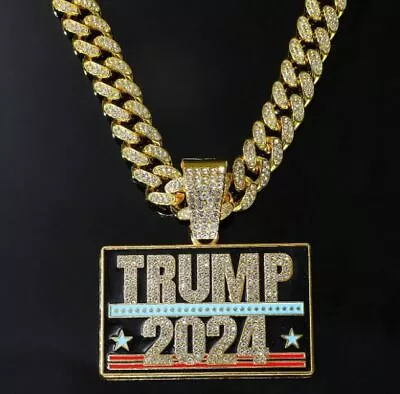 TRUMP 2024 Pendant 20  Iced Cuban Cubic Zirconia Chain Hip Hop Necklace Jewelry • £26.05