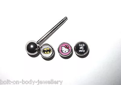 Tongue Bar Barbell Picture Logo Cartoon -10mm 12mm 14mm 16mm Kitty Batman Rude • £3.59