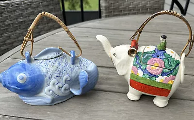 Vintage Pair Of Ceramic Teapots W/ Bamboo Handles Koi Fish And Elephant W/rider • $35