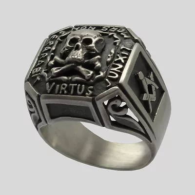 Memento Mori Silver Ring Masonic Freemason Skull Bones All Size Knights Templar  • $149.40