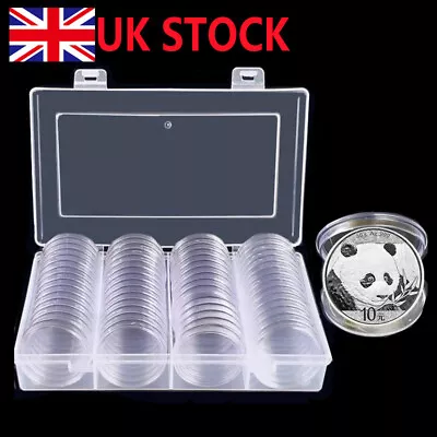 60Pcs 40mm Plastic Clear Coin Capsules Storage Box Holder With Case Container UK • £11.99