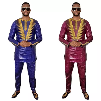 H&D Bazin African Suit Men Clothing 2 Pieces Sets Dashiki Clothes Traditional • $53.05