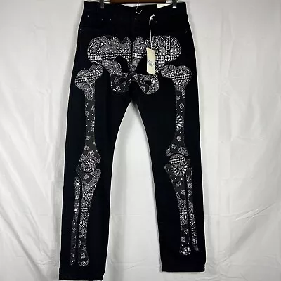 MNML Skeleton Skull Button-Fly Denim Jeans Mens Black White Sz 33x33 • $44.99