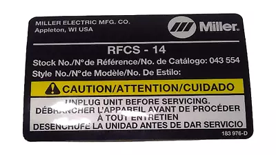 Lbl Nameplate Rfcs-14 183976 Miller Welding • $32.51