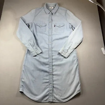 Levis Denim Shirt Dress Size Small Lightweight Blue Chambray Snap Button Pockets • £18
