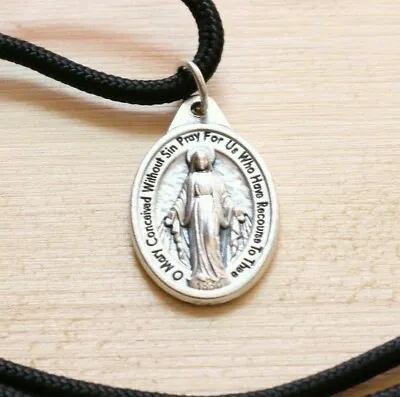 Miraculous Medal Pendant Black Paracord Mary Necklace Catholic Mercy Virgin • $14.95