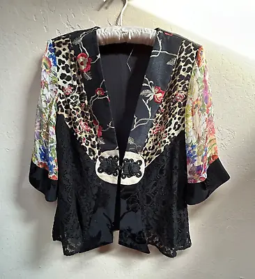 Vintage Violet Kay Kimono Blouse Jacket Multi Black Floral Lace Petite Large • $49.73