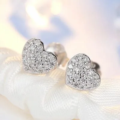 925 Sterling Silver Crystal Heart Stud Earrings Jewellery Women Girls Gift UK • £3.49