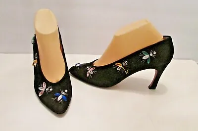 $49 • Buy Zalo Black Suede Multicolored Rhinestone Embellished Fly Pumps Heels Shoes 9.5 M