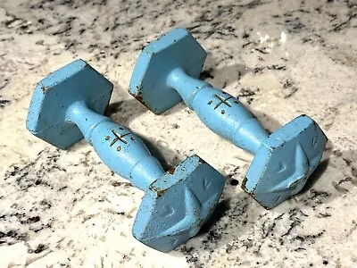 VINTAGE Cast Iron Victorian Dumbbells Light Blue Weights ~2.5 Pounds Pair Of 2 • $54