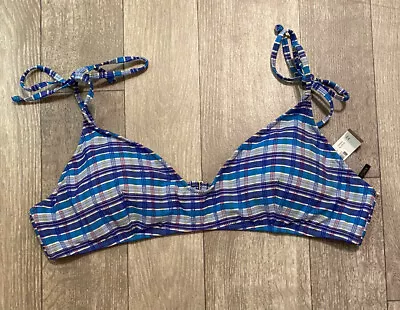 NWT J. Crew Plaid Seersucker French Bikini Top Blue White XL Adjustable Straps • $24.99