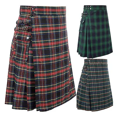 Mens Vintage Kilt Scotland Plaid Pleated Skirts Pocket Scottish Clothing Skirt • $28.61