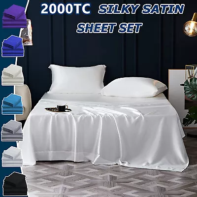 Luxury All Size Ultra SOFT Art Silk Satin Sheet Set Flat Fitted Sheet Pillowcase • $11.01