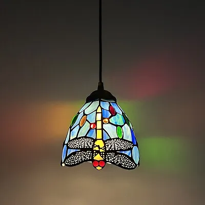 Enjoy Tiffany Style Mini Hanging Lamp Blue Stained Glass Dragonfly LED Bulb 50”H • $72.99