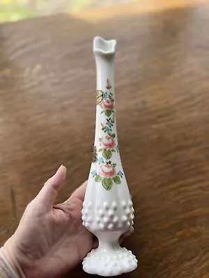 Fenton Hobnail Milk Glass Swung Bud Vase Pink Roses Hand Painted By K. Haught • $24.95