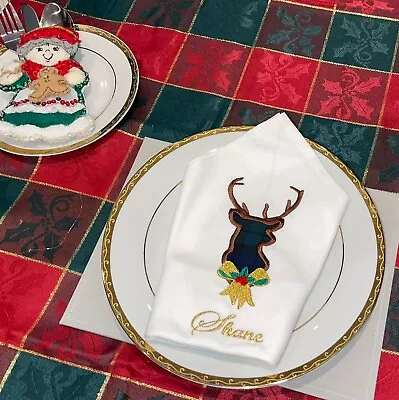 £4 • Buy Black Watch Tartan Stag Cotton Damask Personalised Christmas Napkins