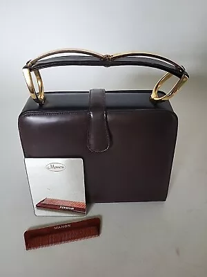 VTG Original Signed Manon Leather Purse Clutch/Gold Metal Handles/Mirror/Comb • $149