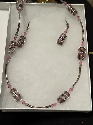 Vtg  Pink & Brown Venetian Glass Necklace & Earrings Set • $32.99