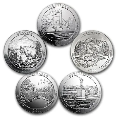 2011 5oz Silver ATB 5 COIN SET Glacier Chickasaw Gettysburg Vicksburg Olympic • $1050