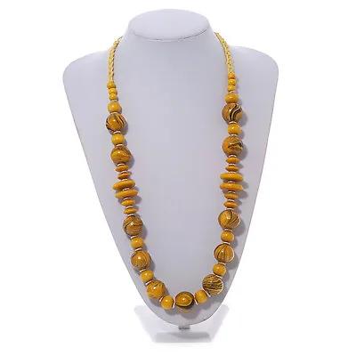 Yellow/ Black Wood Bead Cotton Cord Necklace - 80cm Max Length - Adjustable • £13.99