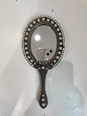 Vintage Mid-Century Modern Golden Metal Hand Mirror W/ Faux Pearls And Crystals • $24.99