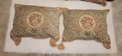 French Country Tapestry 2 Throw Pillows Tassels Pair Luxury Blue Floral  • $55