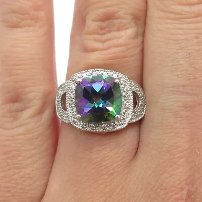 925 Sterling Silver Real Cushion-Cut Mystic Topaz & C Z Ring Size 6.25 • $34.95