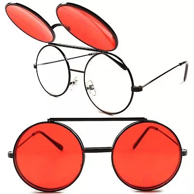 Vintage Retro Mens Womens Django Lennon Black Flip Up Red Lens Round Sunglasses • $14.99