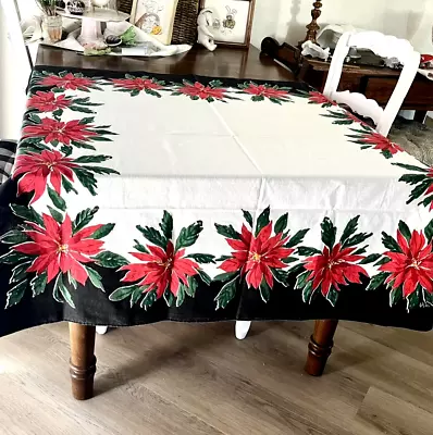 Vera Neumann POINSETTIA BLACK CHRISTMAS TABLECLOTH 51  X 51  Square Vintage • $30