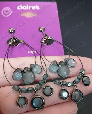 CLIP ON 6cm Big FAUX GEM CHANDELIER EARRINGS Gunmetal Black BEADED Faceted Beads • £1.99