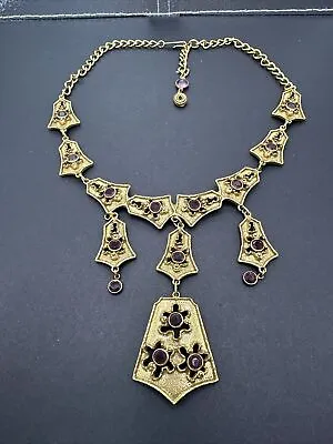 Vintage Goldette  Etruscan Style Gold Tone Purple Rhinestones Dangling Necklace • $87.60