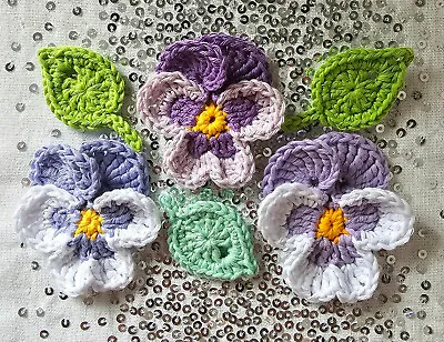 £5 • Buy 🌸3 Crochet Pansies PurpleFlowers/3 Leaves/100% Cotton Applique/Embellishments🌸