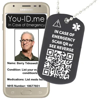 Medical ID Necklace Personalised Identity Tag QR Code Engraved Military Dog Tag • £19.99