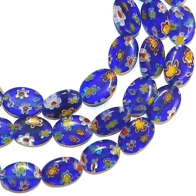 G3763 Dark Blue Multiple Flower 14mm Flat Puffed Oval Millefiori Glass Beads 14  • $8.15