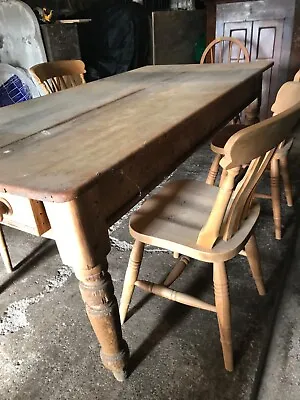 Antique Solid Pine Farmhouse Table 6ft With Drawer And 5 Chairs Dining Set • £250