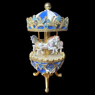 Blue Faberge Egg Wind Up Horse Carousel Music Box Musical • $98