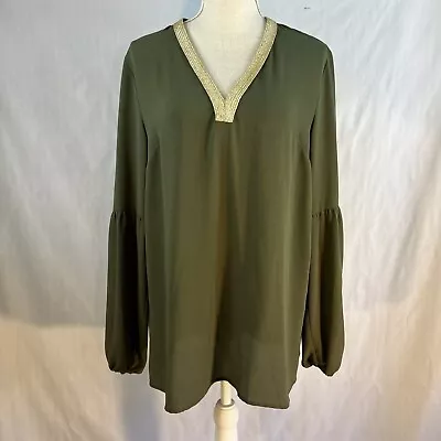 Michael Kors Olive Green Gold V Neck Trim Long Sleeve Bell Sleeve Blouse L • £20.25