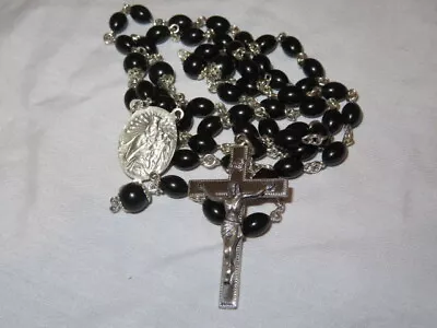 Vintage Creed Rosary Beads Rosaries Sterling Silver Black Oval & Round Beads • $64.99