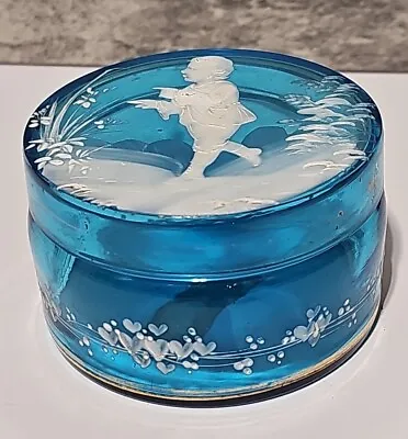 Antique Mary Gregory Aqua Blue Hand Painted Glass Lidded Dresser Jar Trinket Box • $49.99