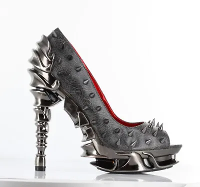 Hades TALON Gray Spiked Stud 5  High Spinal Chrome Heels Platform Peep Toe 6-11 • $160