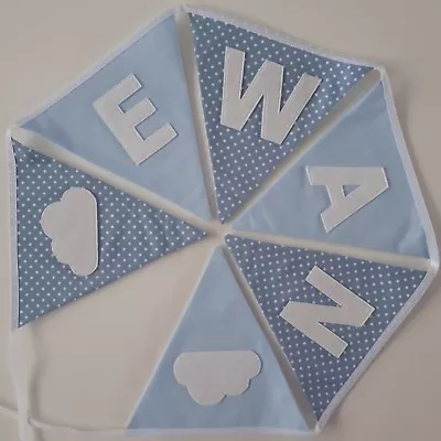 £2.25 • Buy Personalised Blue & White Cloud Fabric Bunting ~ Baby Boy ~ Nursery Decor