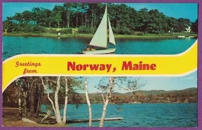 Greetings From Norway Me Vtg Chrome Pc Two Views Lake Sailboat Birch Trees 1967 • $2.99