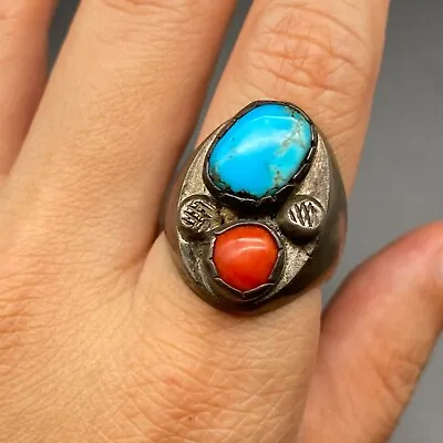 Vintage Navajo Turquoise Coral Silver Ring Size 10.75 • $265